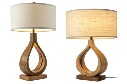 Two modern wooden table lamps with fabric shades on transparent background