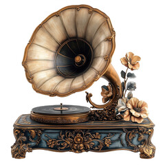 Vintage gramophone phonograph antique record player music instrument art on transparent background