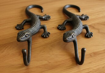 Two lizard shaped metal hooks on wooden surface