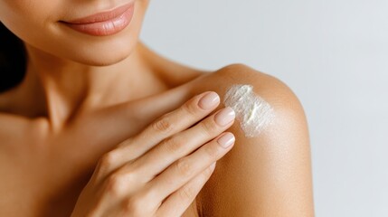 Fototapeta premium Woman applying moisturizer to shoulder, showcasing smooth skin and personal wellness skincare routine with gentle massage technique