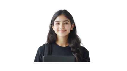 Confident Young Woman Holding Laptop, Smiling at Camera