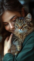 Woman gently holds a fluffy tabby cat close to her face