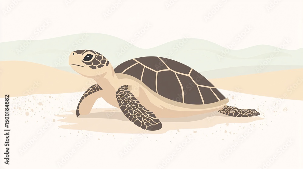 Poster minimal sea turtle cartoon in soft tones with simple flat backdrop