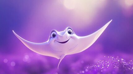 Fototapeta premium Cartoon manta ray with a smile, pastel purple background
