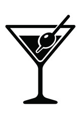 Simple Black Outline Martini Cocktail Glass Icon with Olive Garnish