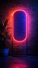 Neon-lit oval mirror against a brick wall, plant in pot