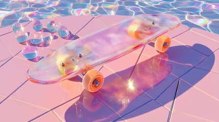 Iridescent skateboard by pool, summer vibe, 3D render