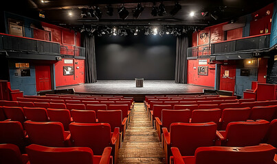 Small theater shows empty stage, red seats, black curtain, and balconies. Lighting rig above. Intimate setting inside