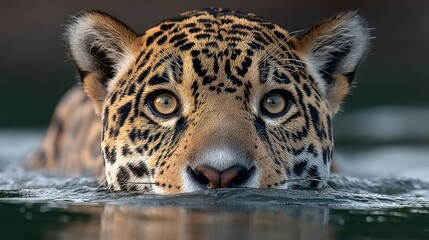 Obraz premium Jaguar swimming, rainforest river, sunset, wildlife conservation