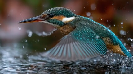 Kingfisher diving, autumn leaves background, water splash, wildlife photography