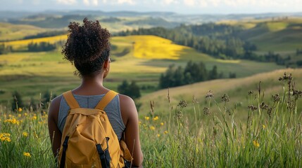 Woman hiker pauses, taking in a vast, rolling landscape of green hills and yellow fields