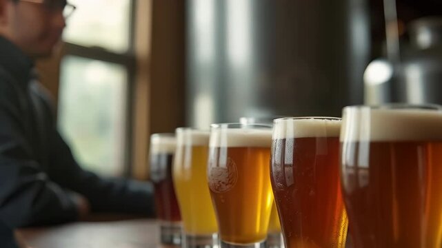 Craft Beer Flight: Tasting a variety of ales, lagers, and stouts. A diverse selection of beers for an enjoyable sampling experience.