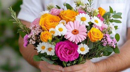 Close-up of a florist's hand creating a beautiful bouquet of flowers, showcasing exquisite floristry and creativity.