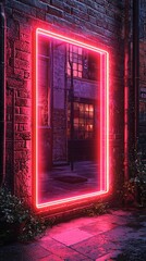 Neon-lit rectangular frame reflects a dark, wet alleyway with brick walls and dimly lit buildings