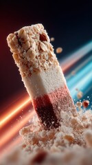 Layered granola bar falling, studio shot, vibrant background, food advertising