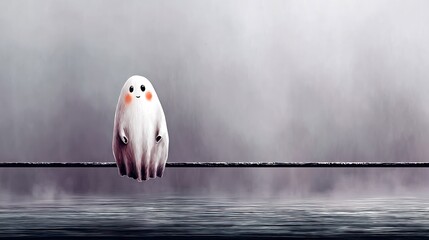 Lonely ghost perched on wire, misty scene