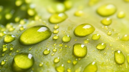 Leaf with drops of water on it. The water droplets are small and scattered