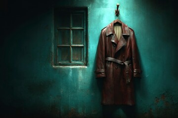 Naklejka premium Vintage Leather Coat Hanging on a Wall with Window Atmospheric Interior Scene for Mystery and