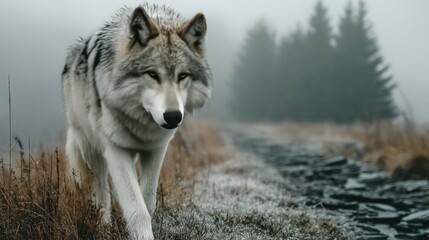 Majestic wolf walking forest path, foggy day