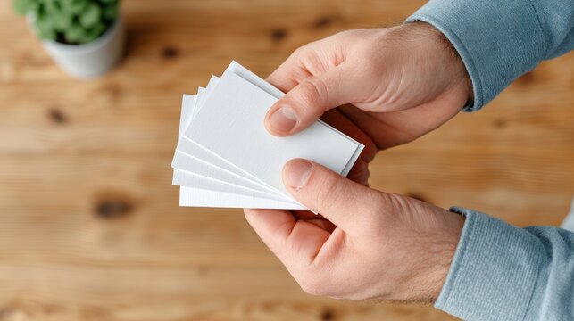 Man hands holding blank cards, desk, plant background, mockup