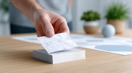 Man picking business card, office desk, charts, plants