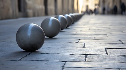 Grey Stone Spheres on Cobblestone Street, Abstract Perspective