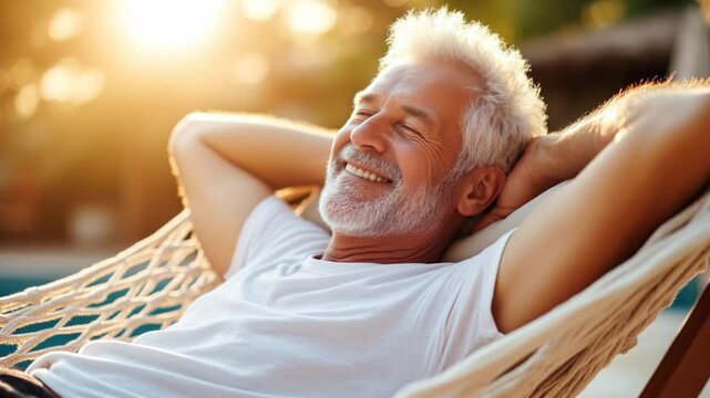 An older man with gray hair and a white beard relaxes peacefully on a hammock during a warm sunset, smiling with contentment and enjoying the tranquil moment.