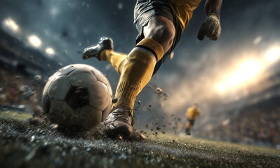 Un futbolista corre con intensidad tras el balón en un estadio iluminado y lleno de gente.Velocidad imparable, enfoque total, pasión futbolera, momento decisivo, energía viva, lucha deportiva.