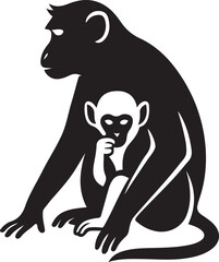 Monkey mother and baby silhouette art, Primate family black and white figure