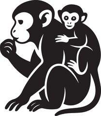 Monkey with baby on back silhouette, Monochrome primate family drawing