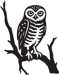 Owl perched on branch illustration, Black and white bird on tree silhouette
