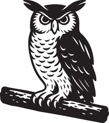Obraz premium Owl silhouette black and white drawing, Stylized bird perched outline art