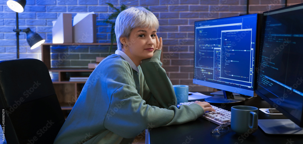 Aufkleber female programmer working with computer in office at night