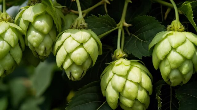 Close-up of fresh green hops on the vine, perfect for brewing, culinary use, or agricultural stock photos. Nature's bounty at its best.