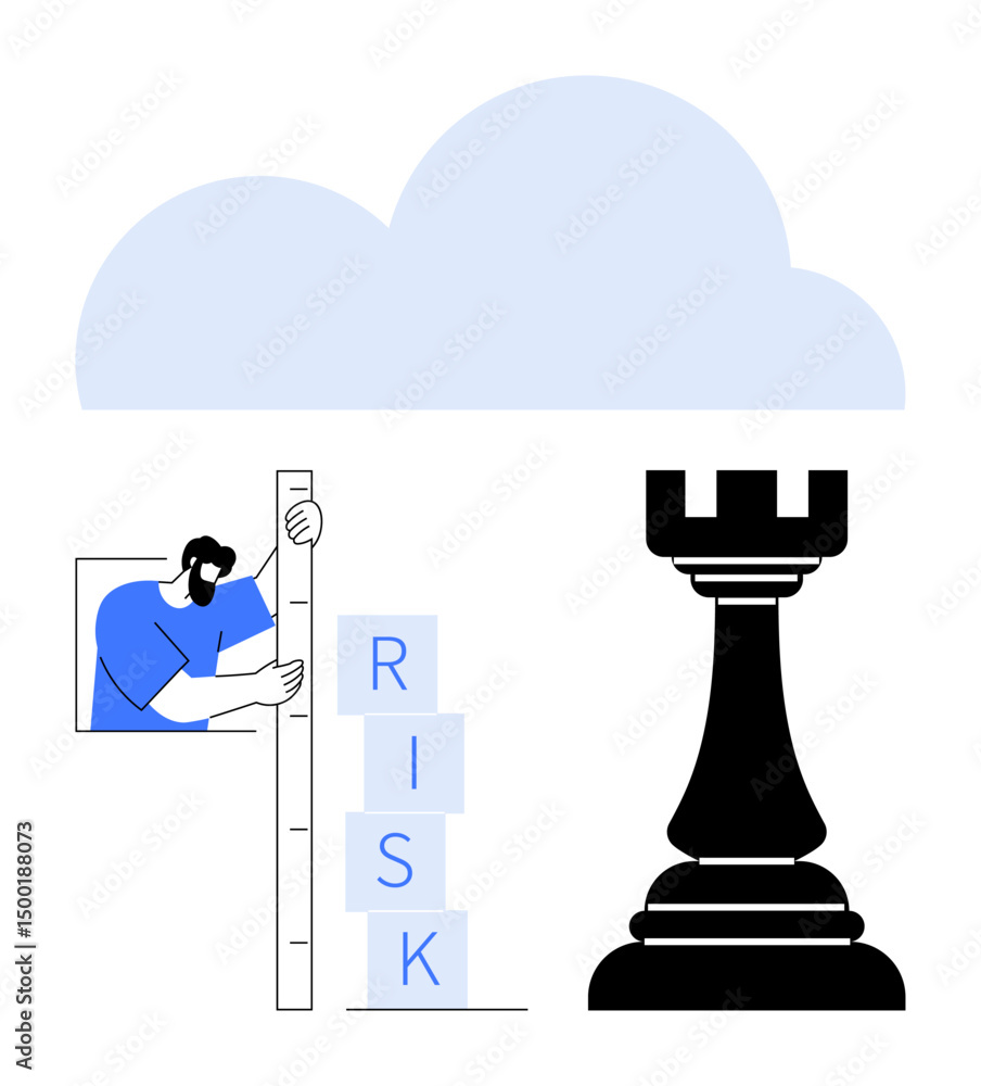 Poster man measuring stacked blocks labeled risk, adjacent to a chess rook and cloud. ideal for strategy, d