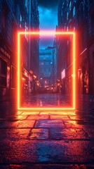 Neon-lit square frame in a rain-slicked, cyberpunk city alley.  Buildings loom, lights gleam
