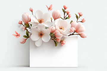 Elegant white magnolia blossoms and delicate pink buds artfully arranged on a blank white card, suggesting a message of spring or celebration.