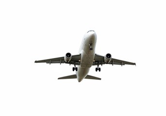 Commercial airplane landing against white background
