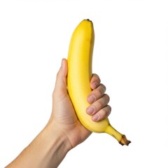 Hand holding a ripe banana fruit on white background