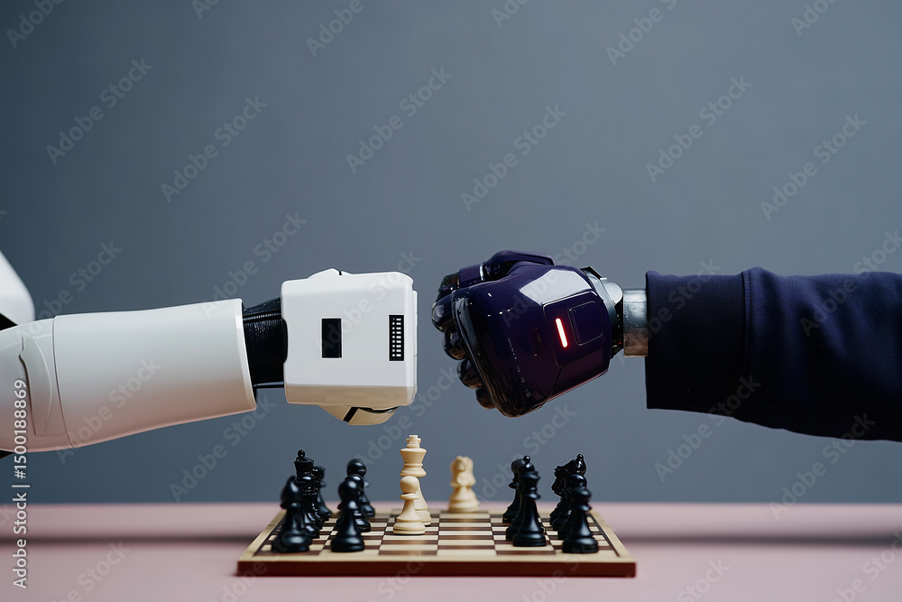 Poster two robotic fists meet over a chessboard, an intriguing display of technology and strategic game. th
