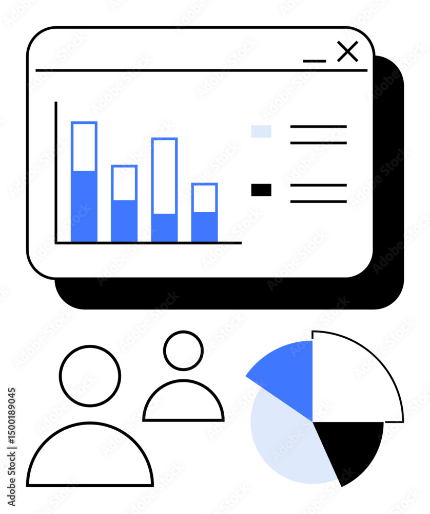 Poster bar chart on browser window and pie chart with simple person icons. ideal for analytics, teamwork, r