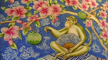 Monkey mosaic art, floral background, Asian temple, cultural decor
