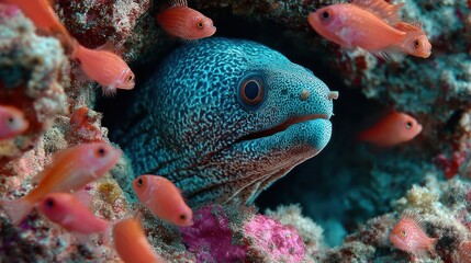 Moray eel hides in coral reef, small fish nearby, underwater scene, marine life documentary