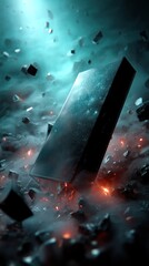 Obsidian slab falling, fiery debris, dark background, digital art