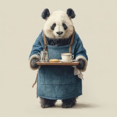 Panda barista serves coffee, pastries, neutral background, cafe menu