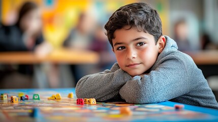 Boy playing board game rests his head on his folded arms in classroom setting with other students.