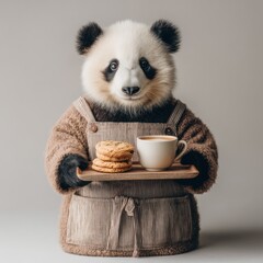 Panda barista serves cookies, coffee; studio shot
