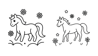 Two Cute Cartoon Horses with Flowers and Stars