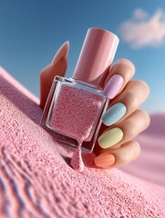 Pastel nail polish spills on pink sand beach