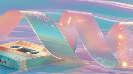 Pastel ribbon swirls around cassette, iridescent background, nostalgic design